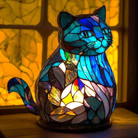 Buntglas-Blaue-Katzenlampe